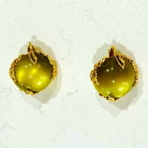 Vintage 1950s Signed Napier Cabochon Olive Moonglow Clip Earrings, RARE